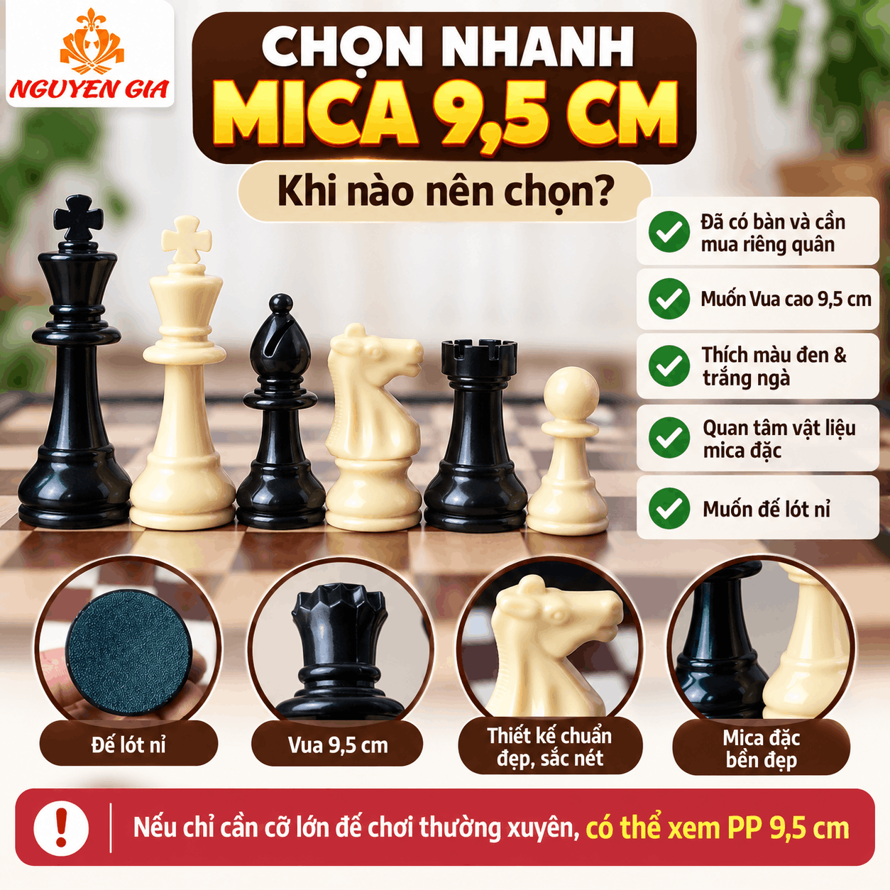 Quân Cờ Vua Mica Đặc 9,5 cm – Bán Riêng, Đế Lót Nỉ
