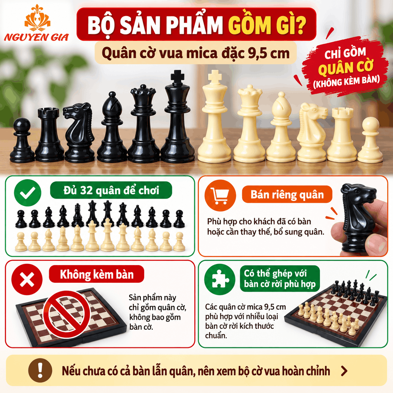 Quân Cờ Vua Mica Đặc 9,5 cm – Bán Riêng, Đế Lót Nỉ