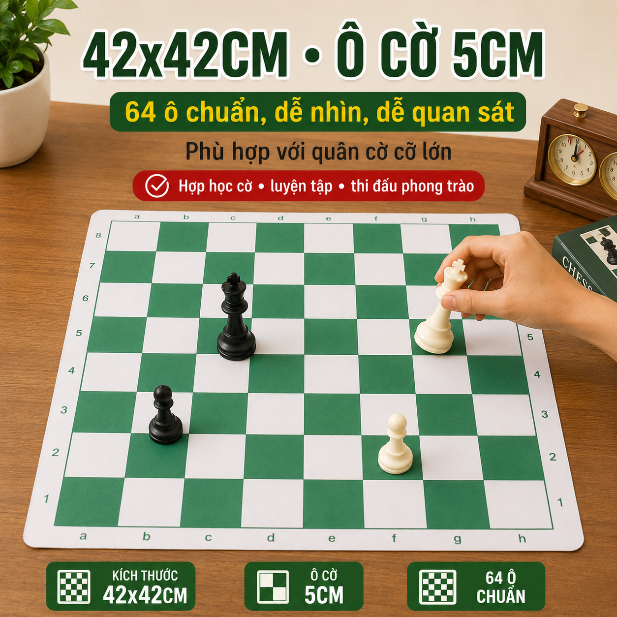 Bàn Cờ Vua Chuẩn Quốc Tế Da PU 42x42cm, Ô 5cm, Có Túi Zip