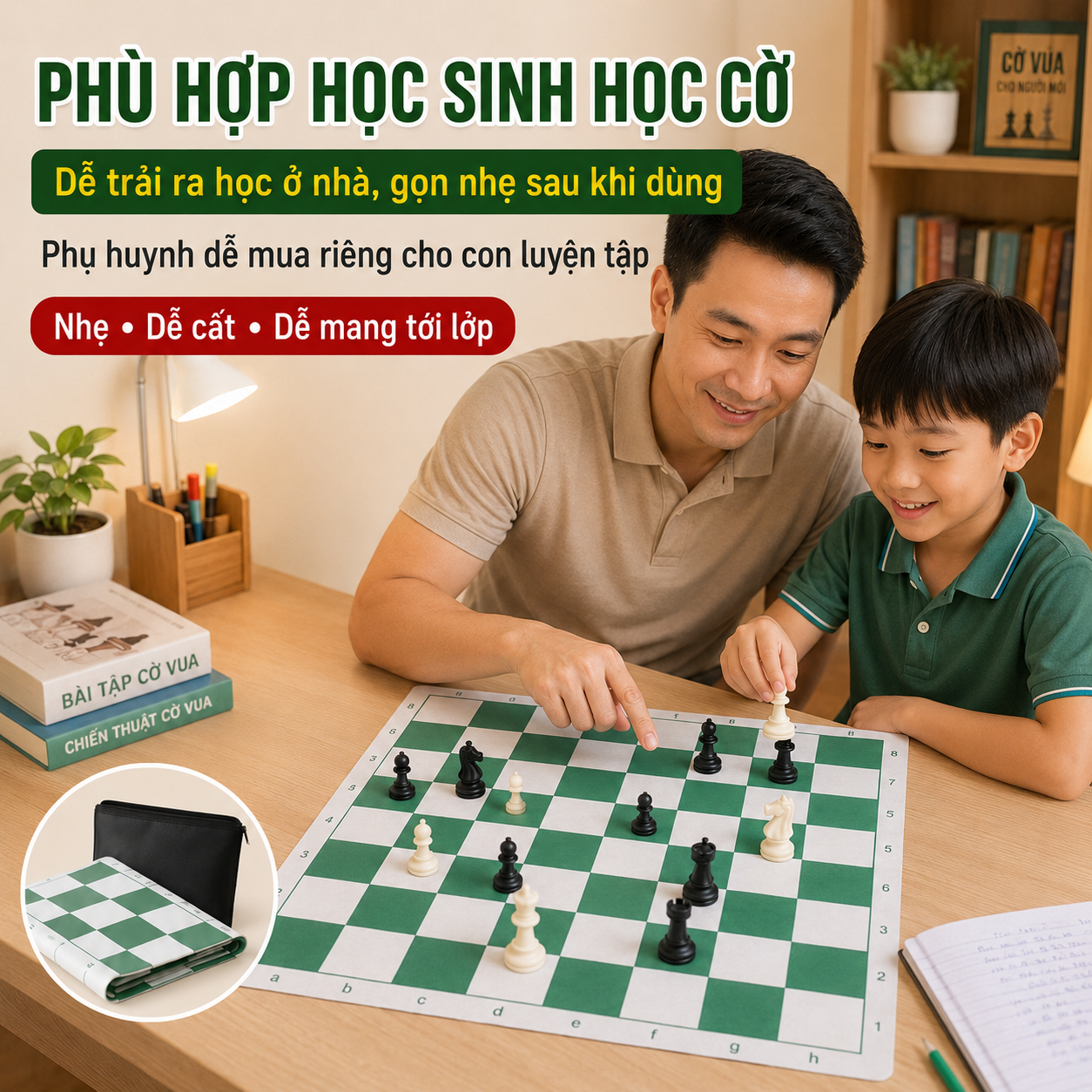 Bàn Cờ Vua Chuẩn Quốc Tế Da PU 42x42cm, Ô 5cm, Có Túi Zip
