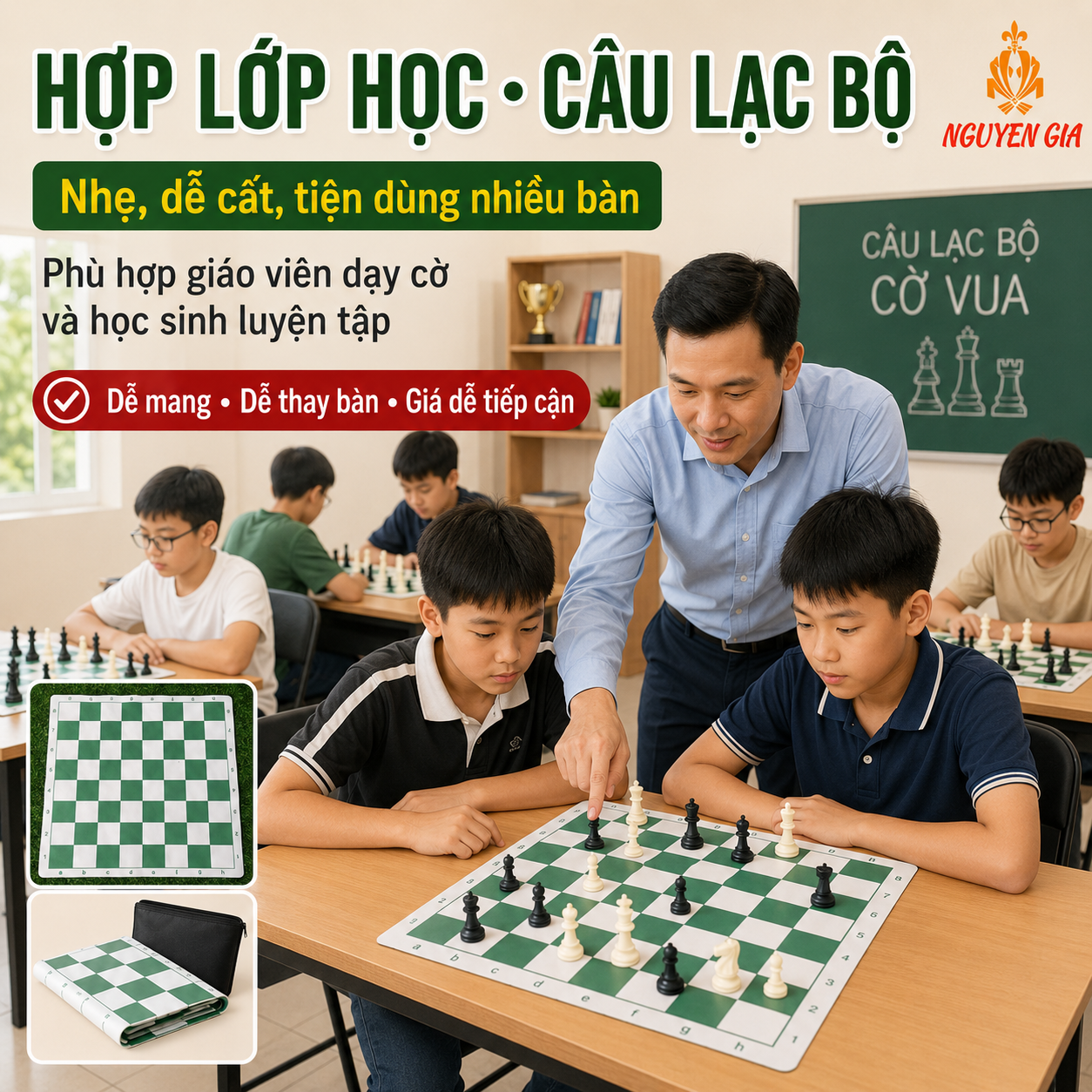 Bàn Cờ Vua Chuẩn Quốc Tế Da PU 42x42cm, Ô 5cm, Có Túi Zip