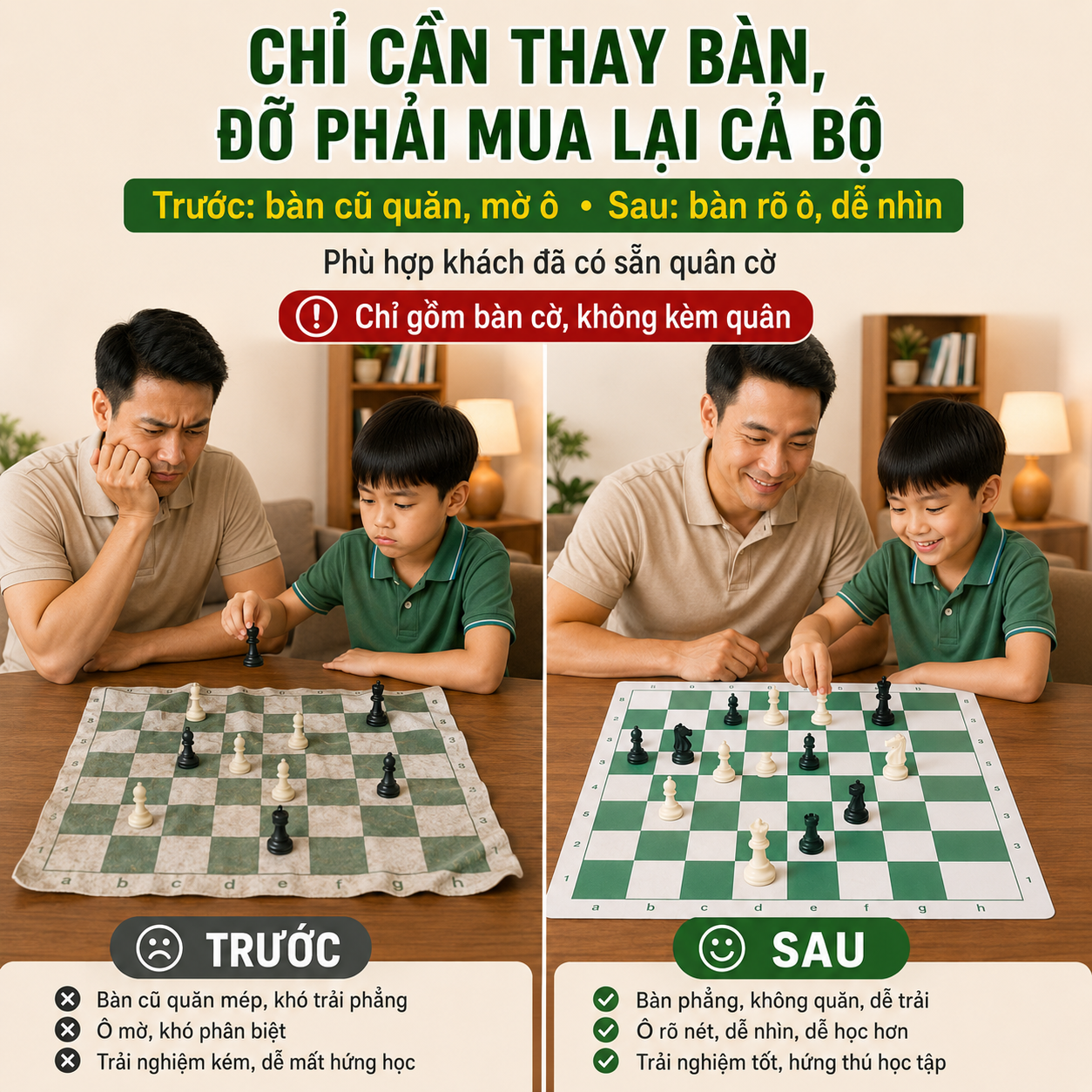 Bàn Cờ Vua Chuẩn Quốc Tế Da PU 42x42cm, Ô 5cm, Có Túi Zip