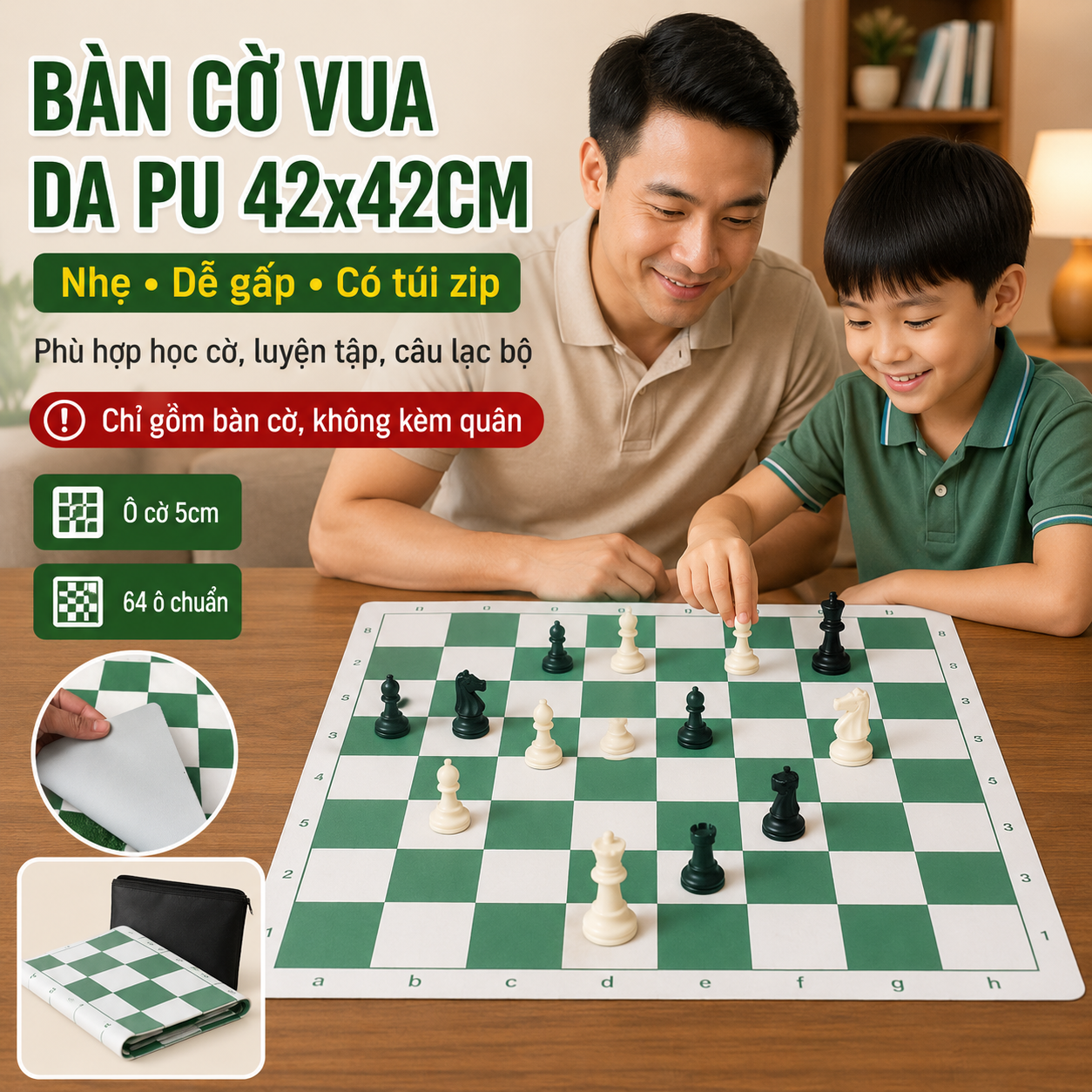 Bàn Cờ Vua Chuẩn Quốc Tế Da PU 42x42cm, Ô 5cm, Có Túi Zip