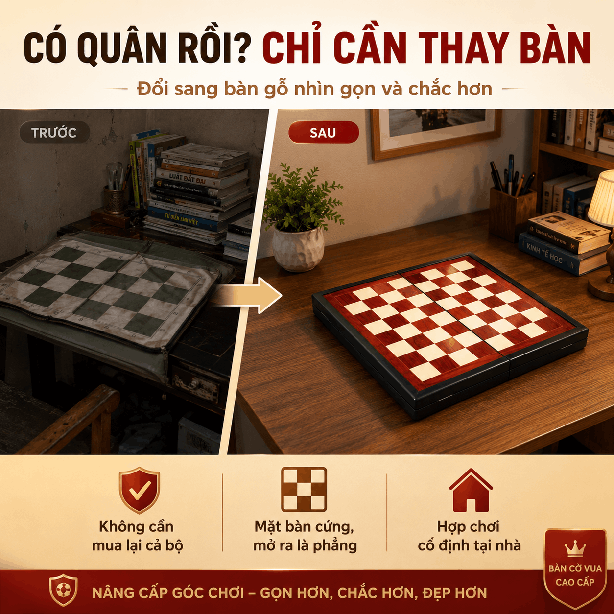Bàn Cờ Vua Gỗ Hương Gấp 40×40cm – Ô 4cm, Bán Riêng