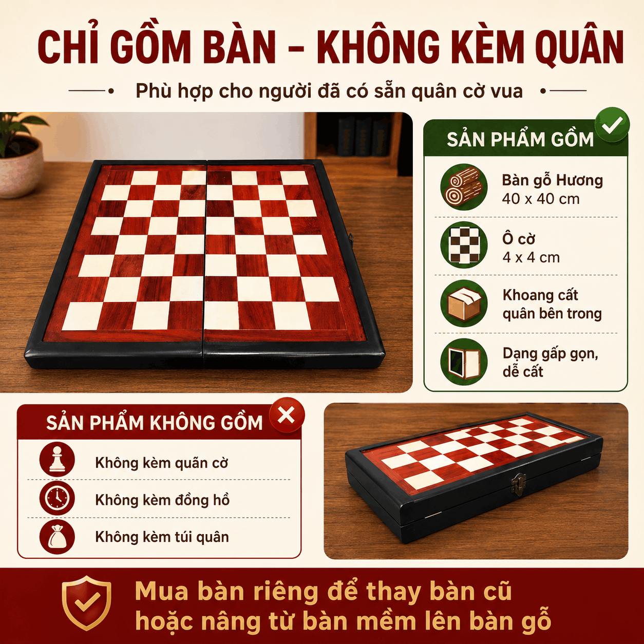 Bàn Cờ Vua Gỗ Hương Gấp 40×40cm – Ô 4cm, Bán Riêng