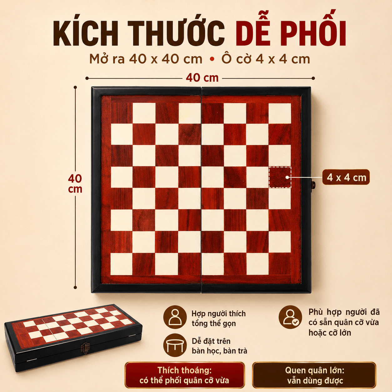 Bàn Cờ Vua Gỗ Hương Gấp 40×40cm – Ô 4cm, Bán Riêng