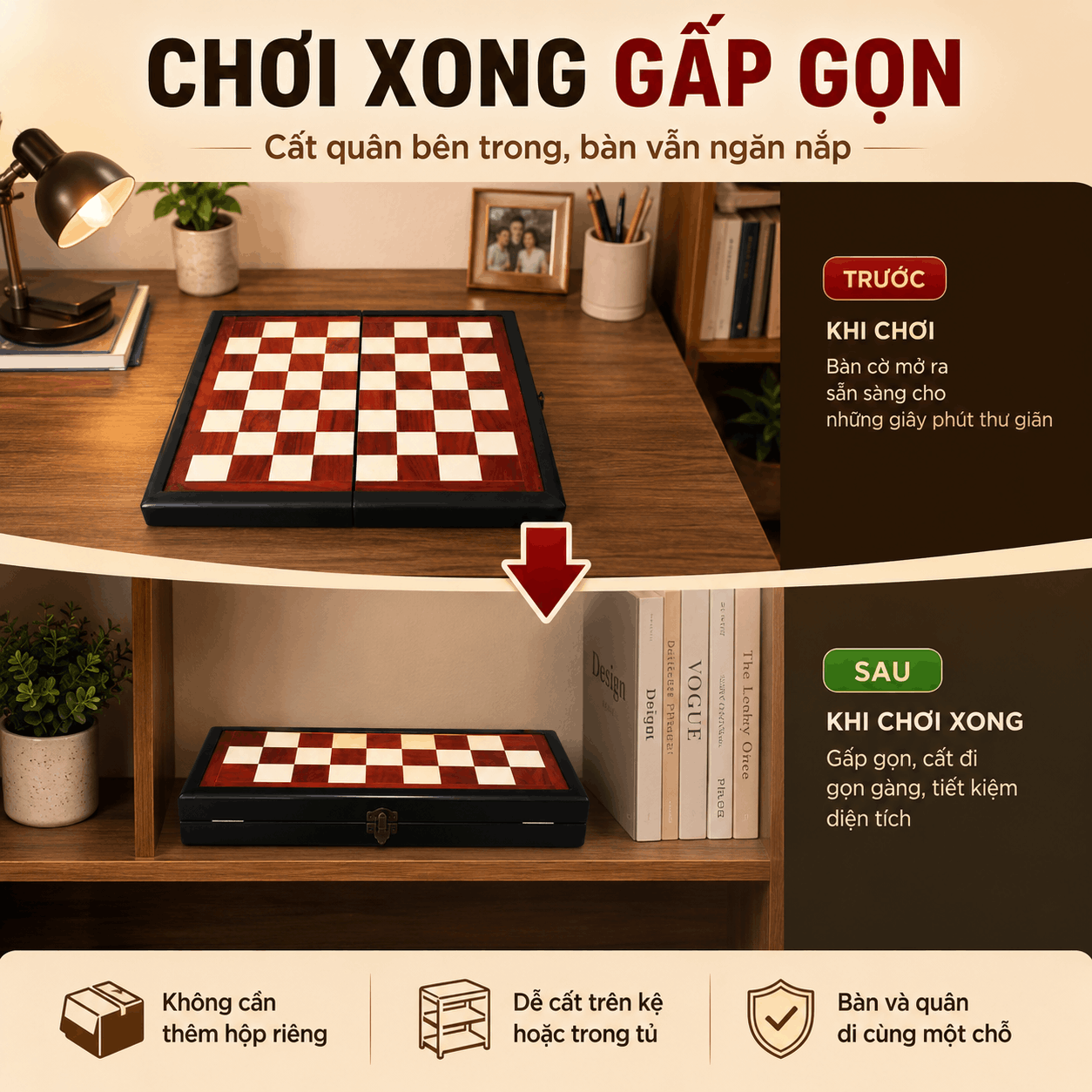 Bàn Cờ Vua Gỗ Hương Gấp 40×40cm – Ô 4cm, Bán Riêng
