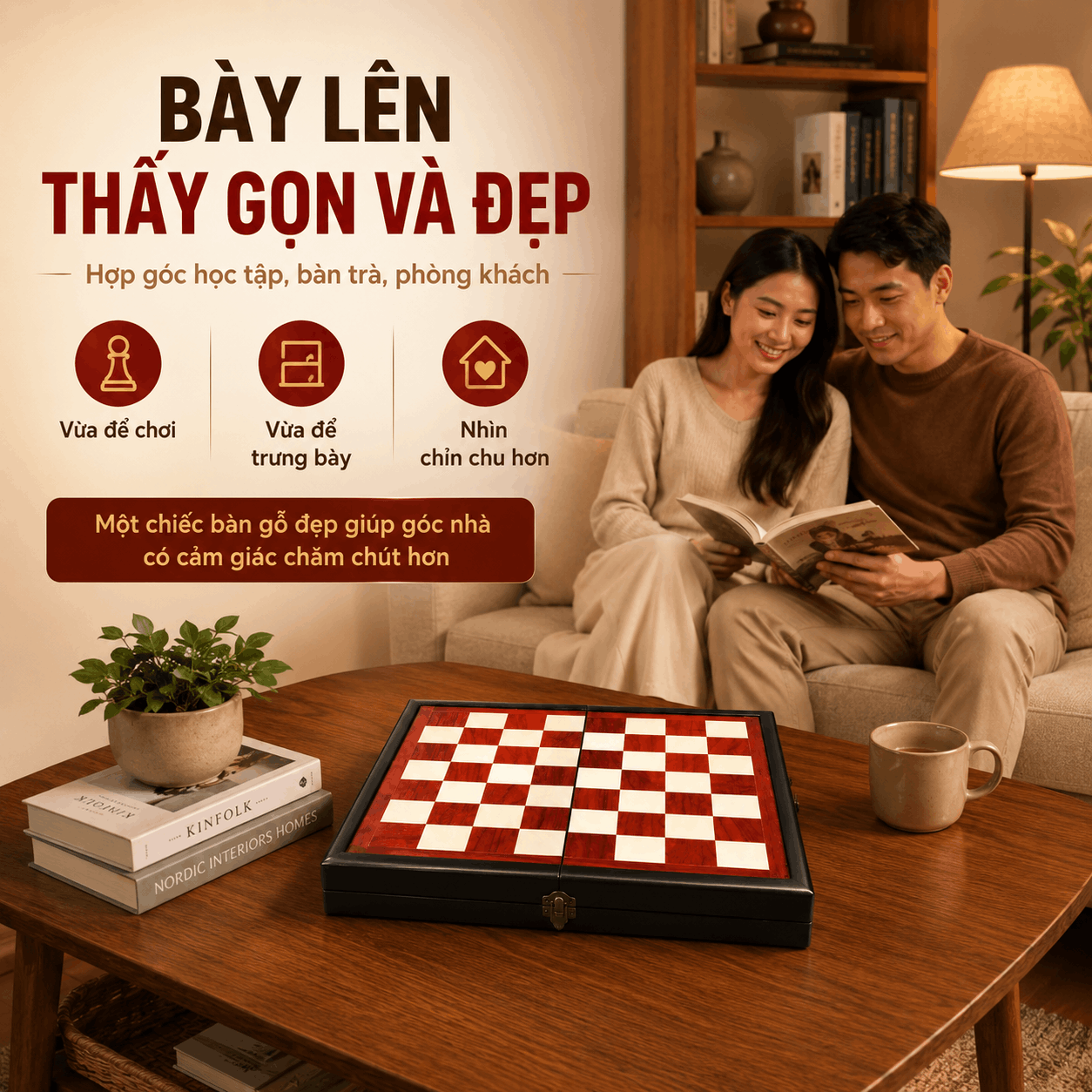 Bàn Cờ Vua Gỗ Hương Gấp 40×40cm – Ô 4cm, Bán Riêng