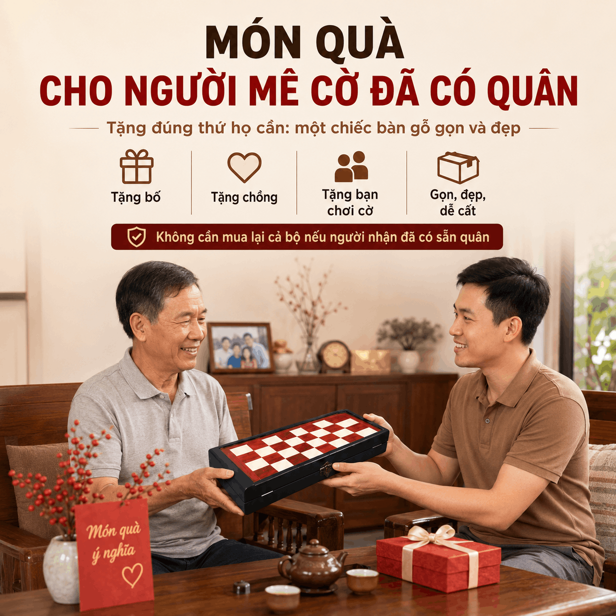 Bàn Cờ Vua Gỗ Hương Gấp 40×40cm – Ô 4cm, Bán Riêng
