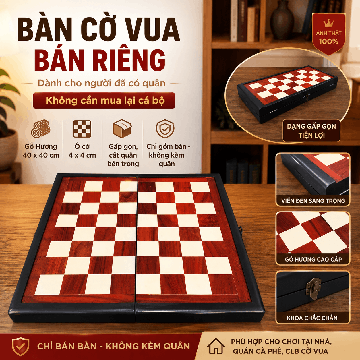 Bàn Cờ Vua Gỗ Hương Gấp 40×40cm – Ô 4cm, Bán Riêng