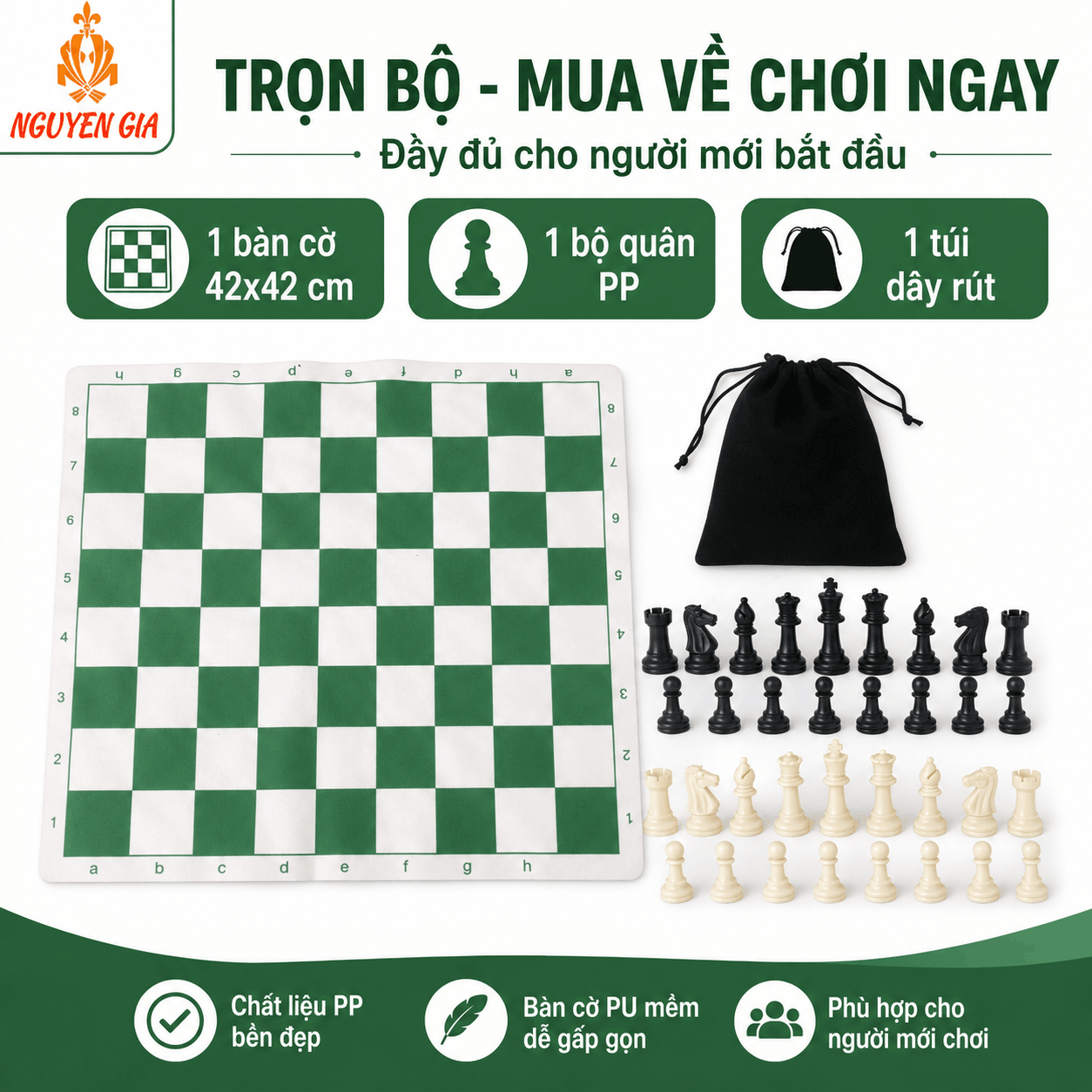 Bộ Cờ Vua Cho Người Mới – Bàn PU 42cm, Quân PP 7,5cm