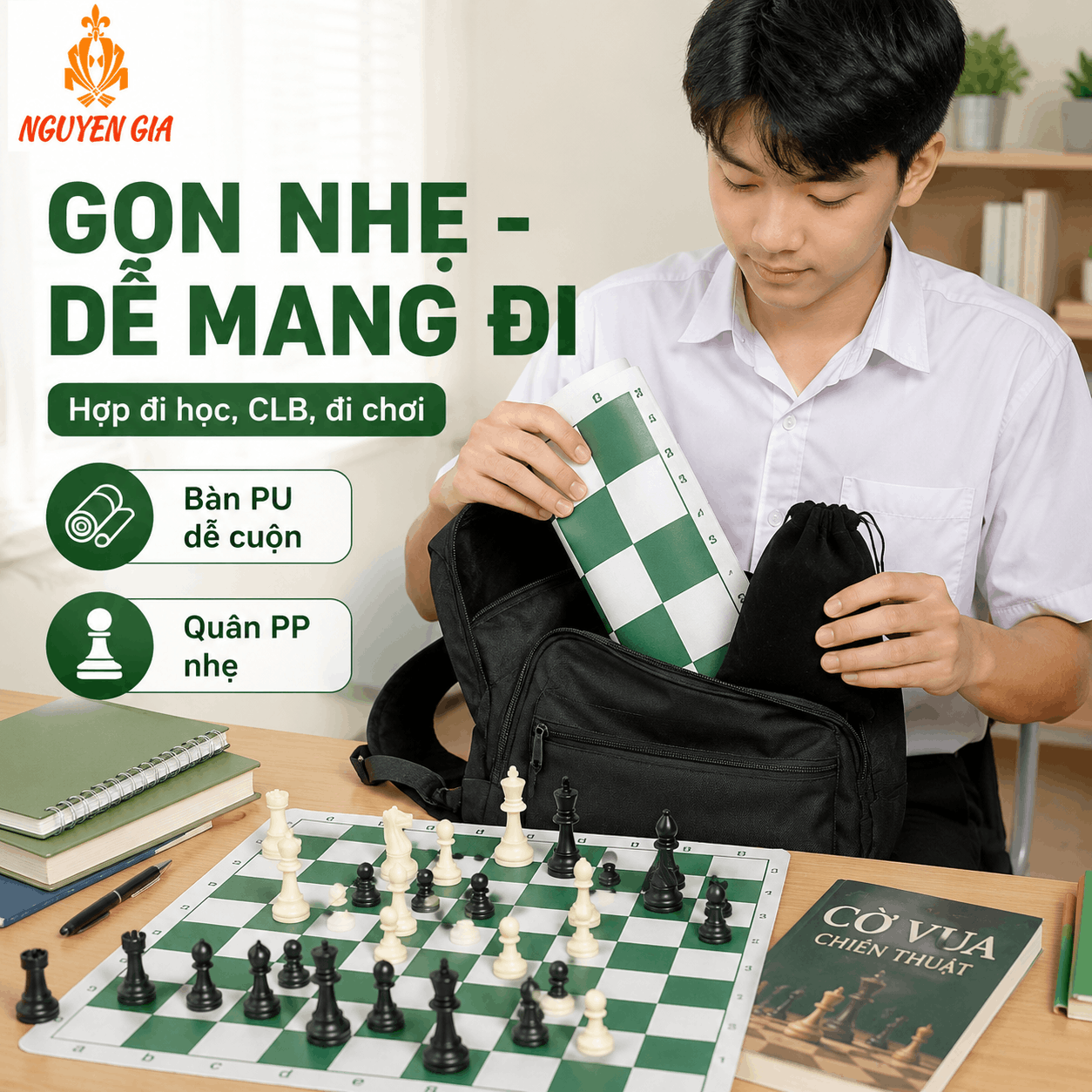 Bộ Cờ Vua Cho Người Mới – Bàn PU 42cm, Quân PP 7,5cm