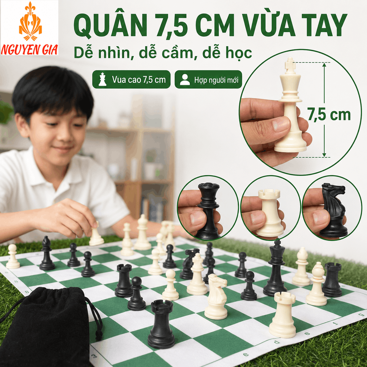 Bộ Cờ Vua Cho Người Mới – Bàn PU 42cm, Quân PP 7,5cm