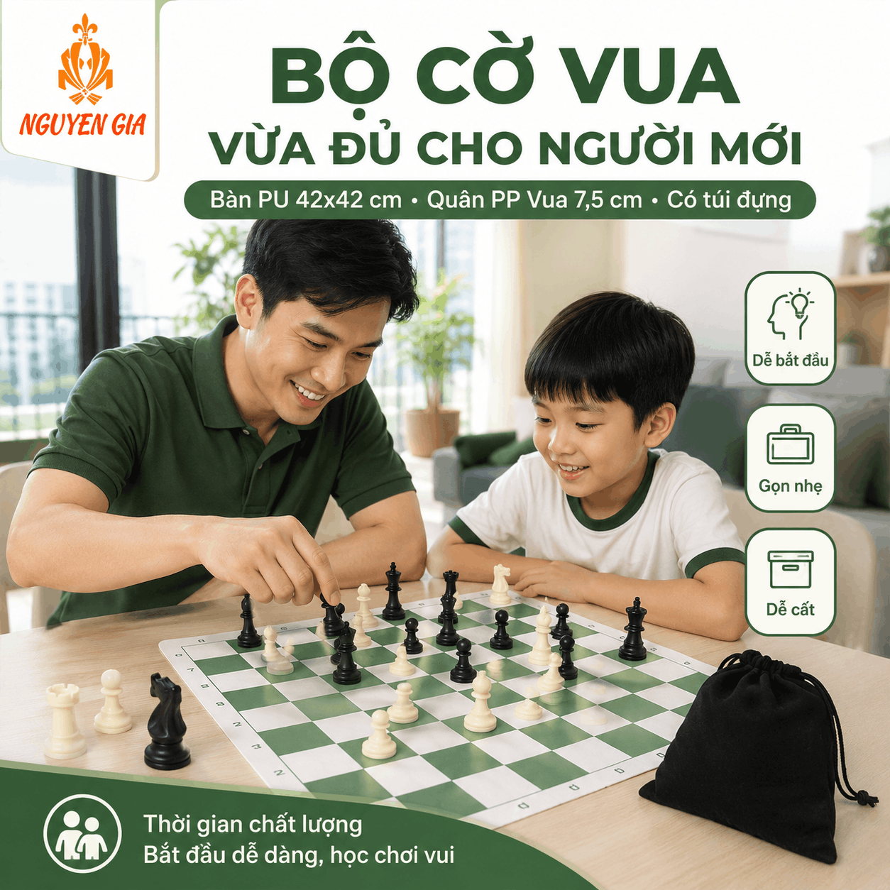 Bộ Cờ Vua Cho Người Mới – Bàn PU 42cm, Quân PP 7,5cm