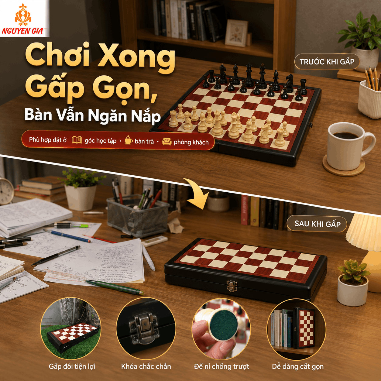 Bộ Cờ Vua Bàn Gỗ Hương – Quân Mica Đặc Vua 9,5cm