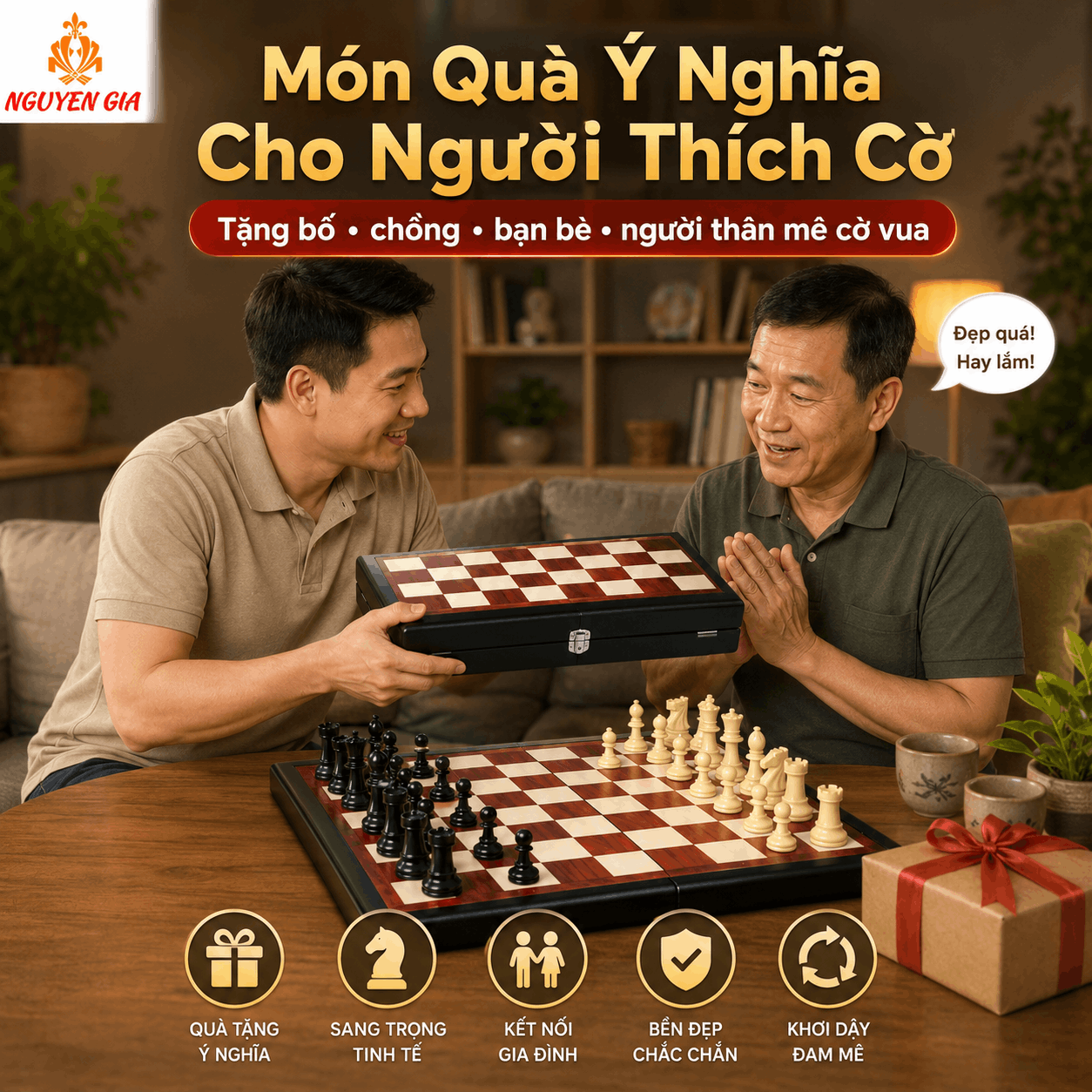 Bộ Cờ Vua Bàn Gỗ Hương – Quân Mica Đặc Vua 9,5cm