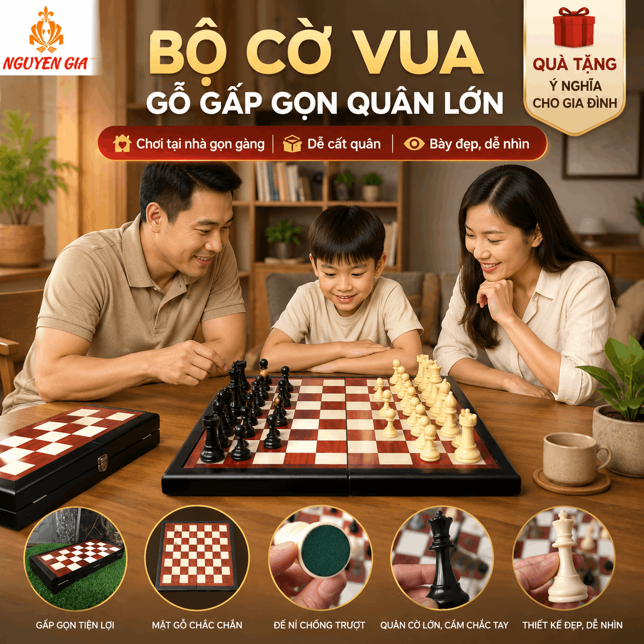 Bộ Cờ Vua Bàn Gỗ Hương – Quân Mica Đặc Vua 9,5cm