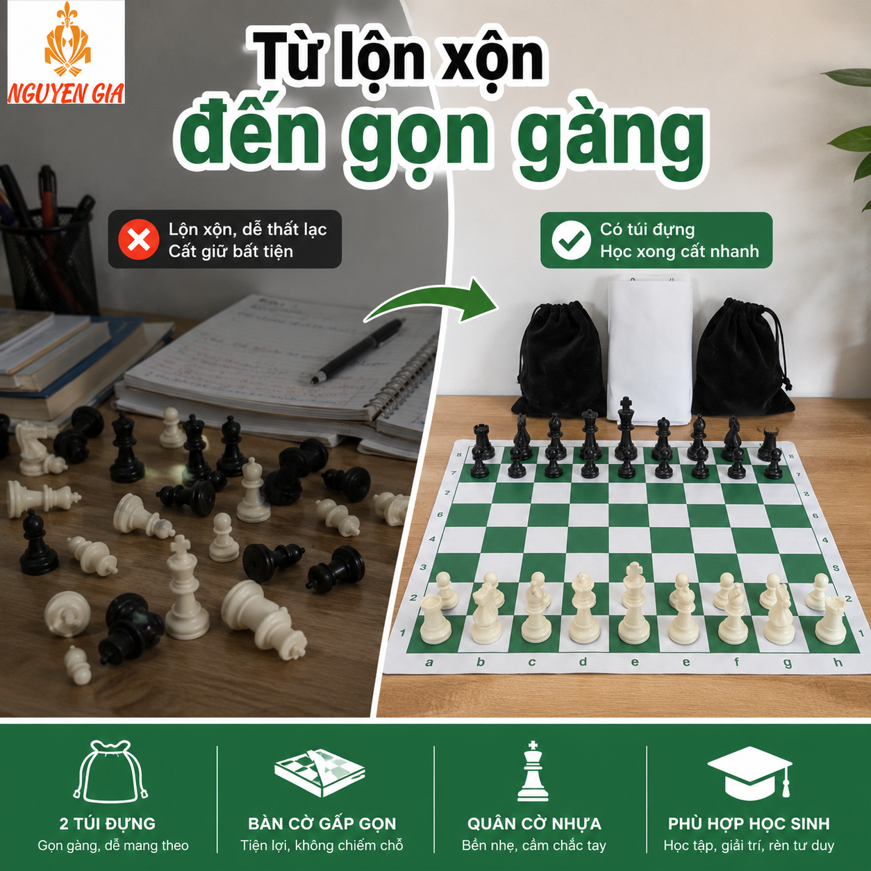 Bộ Cờ Vua Cho Học Sinh – Vua 9,5cm, Bàn PU 42cm, Có Túi