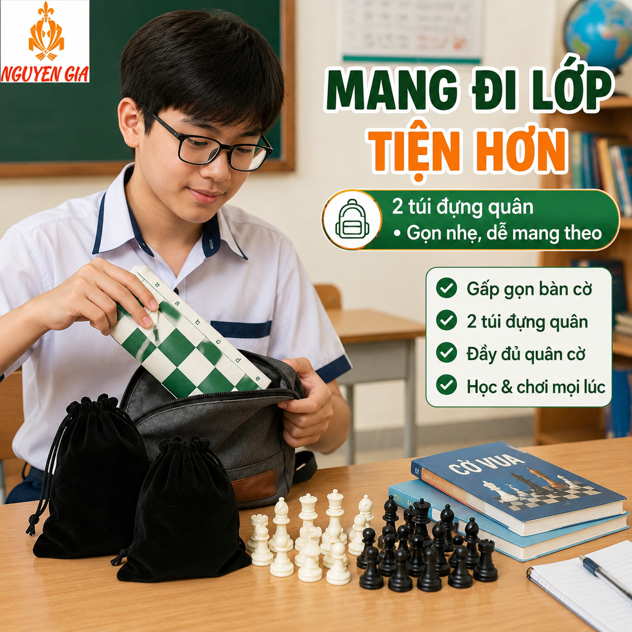 Bộ Cờ Vua Cho Học Sinh – Vua 9,5cm, Bàn PU 42cm, Có Túi