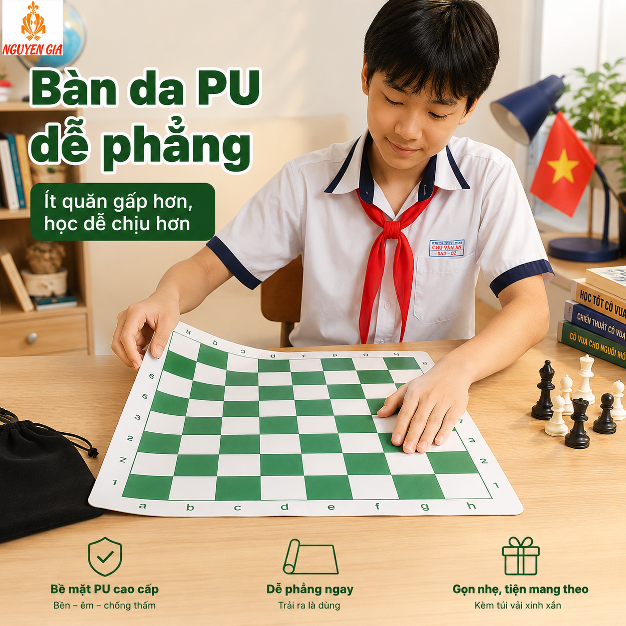Bộ Cờ Vua Cho Học Sinh – Vua 9,5cm, Bàn PU 42cm, Có Túi