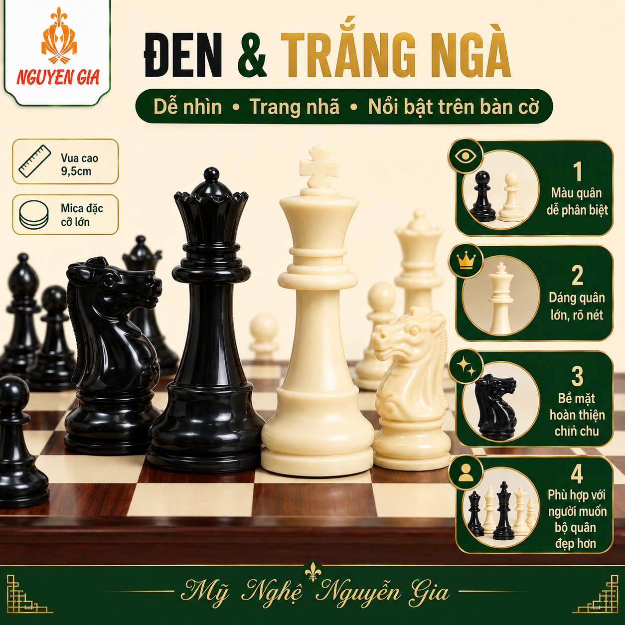 Quân Cờ Vua Mica Đặc Cỡ Lớn, Vua 9.5cm – Đế Lót Nỉ
