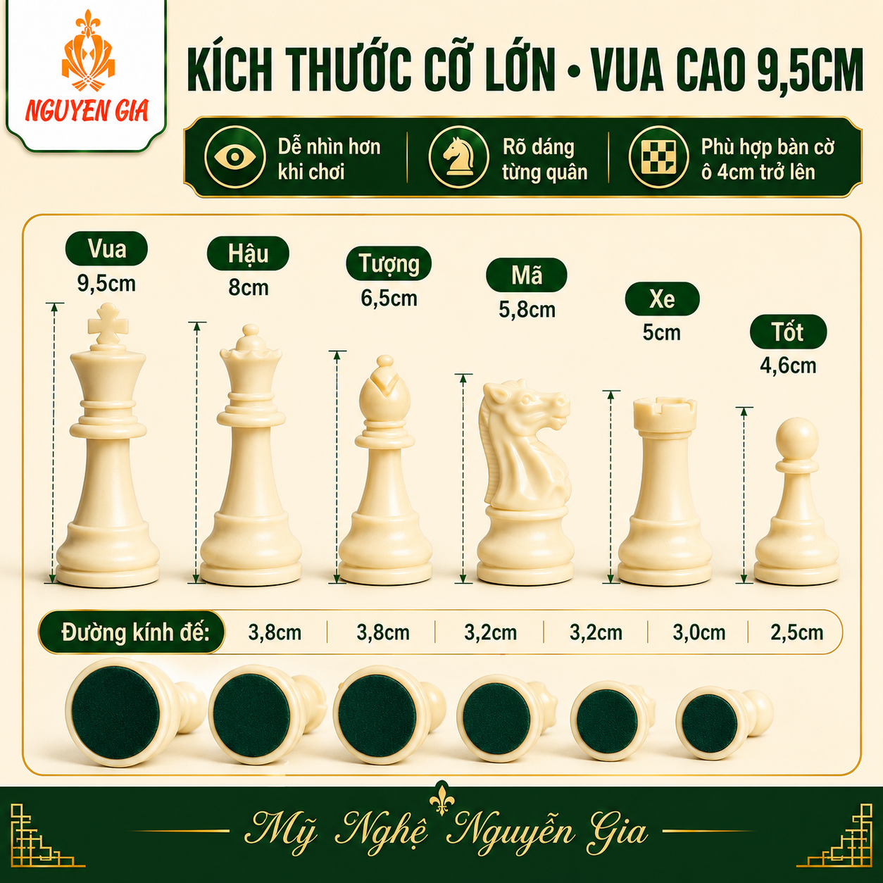 Quân Cờ Vua Mica Đặc Cỡ Lớn, Vua 9.5cm – Đế Lót Nỉ