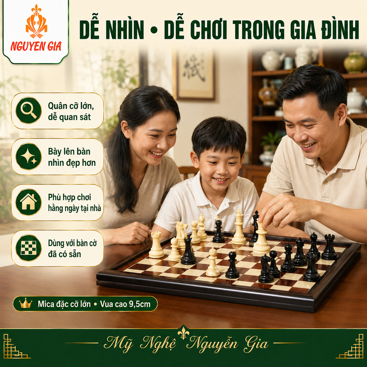 Quân Cờ Vua Mica Đặc Cỡ Lớn, Vua 9.5cm – Đế Lót Nỉ