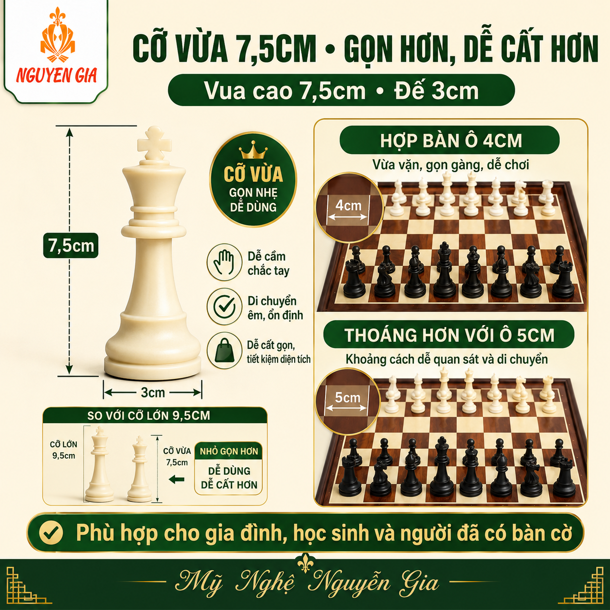 Quân Cờ Vua Nhựa PP Cỡ Vừa, Vua 7.5cm – Đế Lót Nỉ