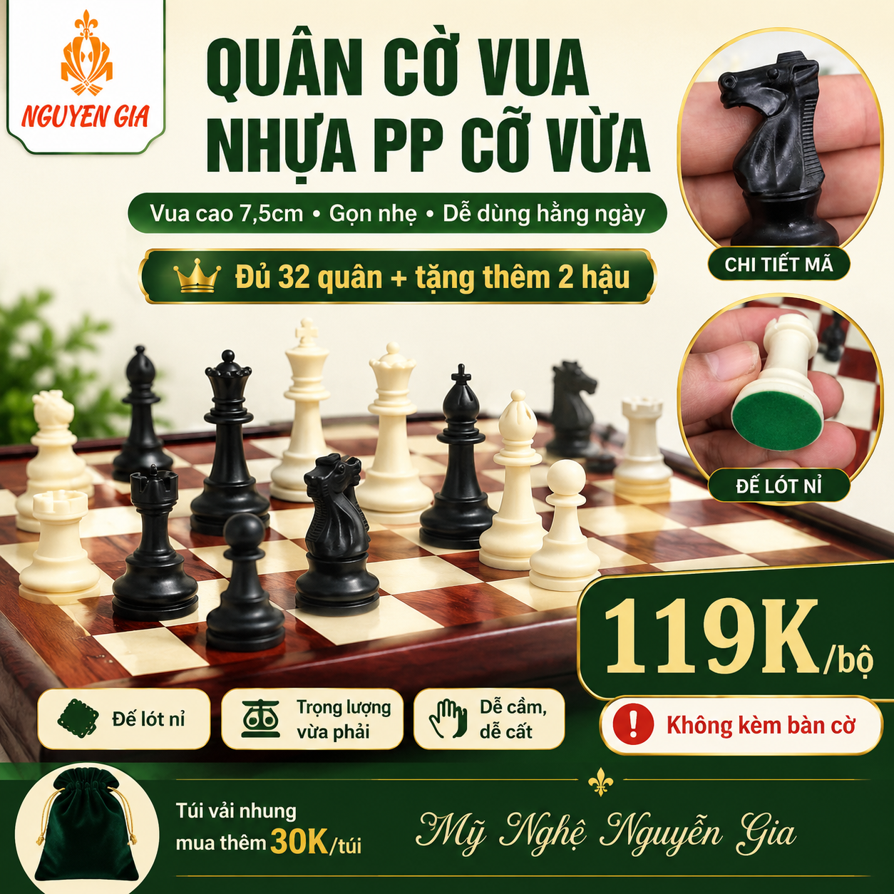 Quân Cờ Vua Nhựa PP Cỡ Vừa, Vua 7.5cm – Đế Lót Nỉ