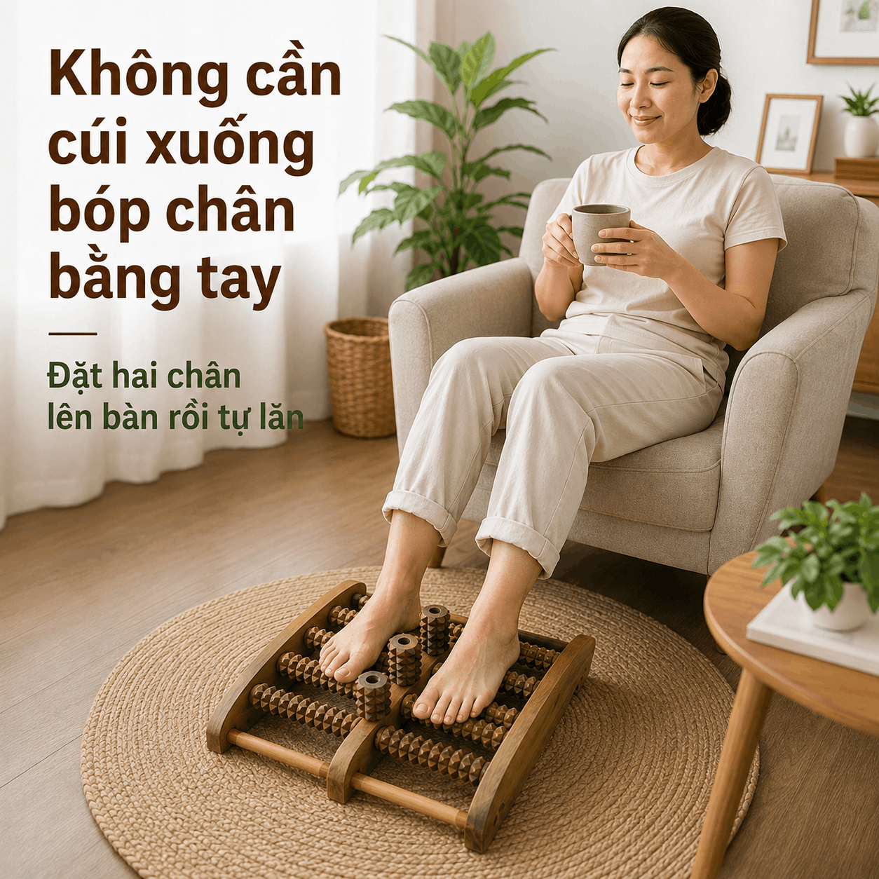 Bàn Massage Chân Gỗ Bách Xanh Dáng Cao - Lăn Hai Chân Khi Ngồi Nghỉ
