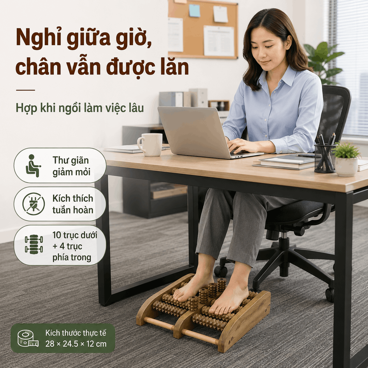 Bàn Massage Chân Gỗ Bách Xanh Dáng Cao - Lăn Hai Chân Khi Ngồi Nghỉ