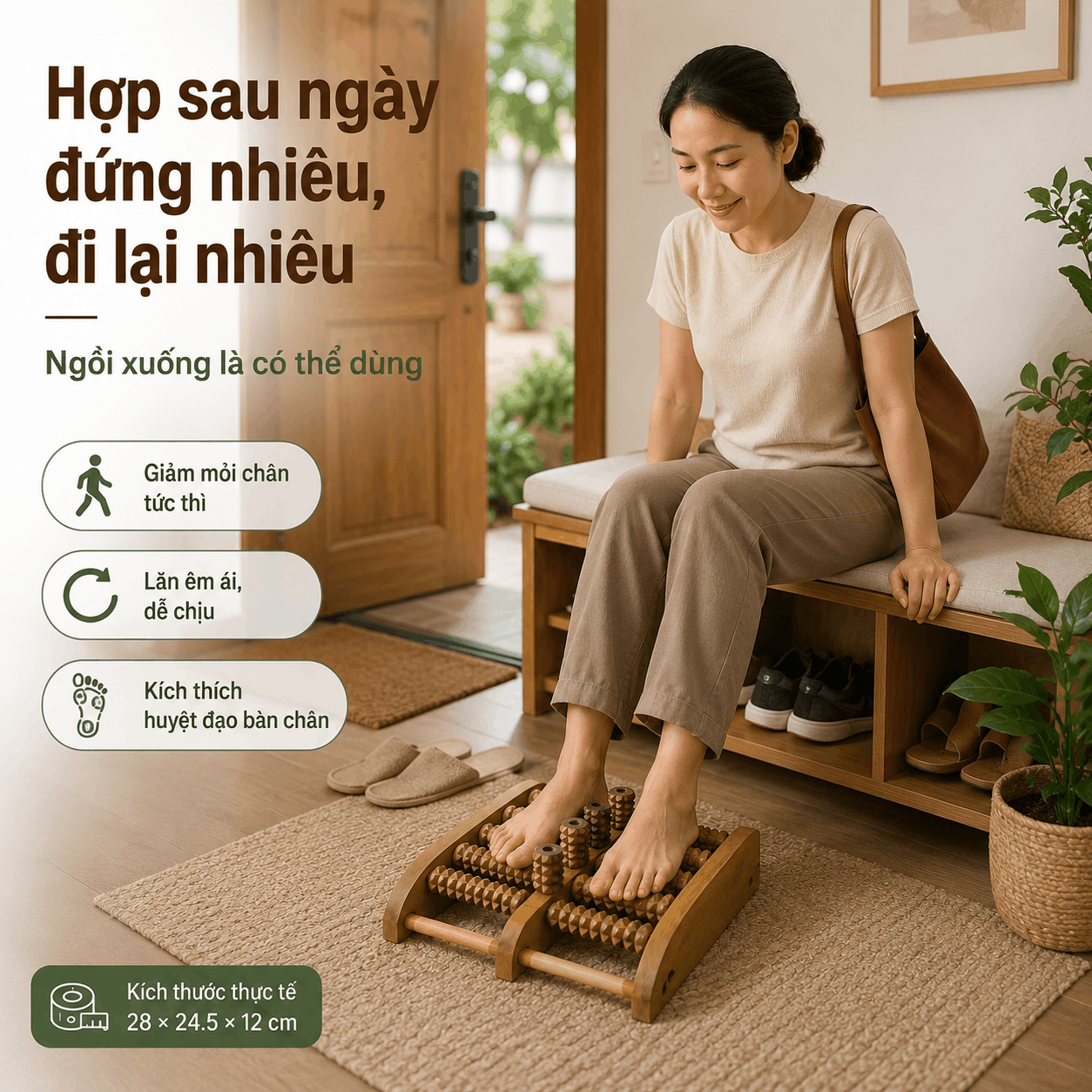 Bàn Massage Chân Gỗ Bách Xanh Dáng Cao - Lăn Hai Chân Khi Ngồi Nghỉ