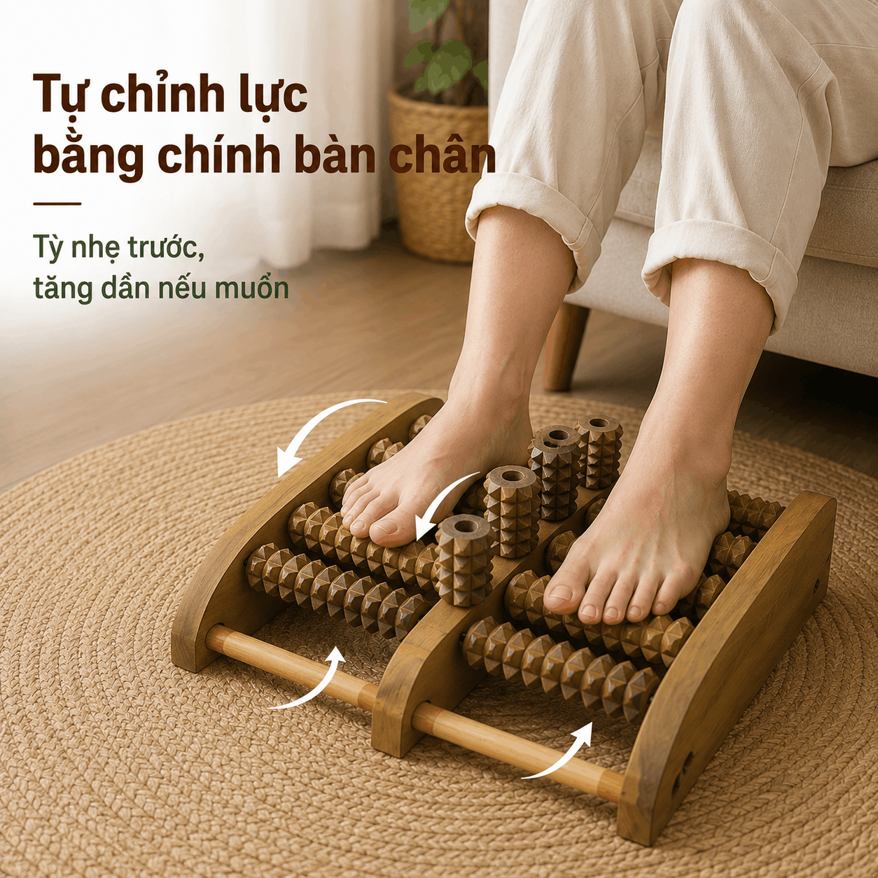 Bàn Massage Chân Gỗ Bách Xanh Dáng Cao - Lăn Hai Chân Khi Ngồi Nghỉ