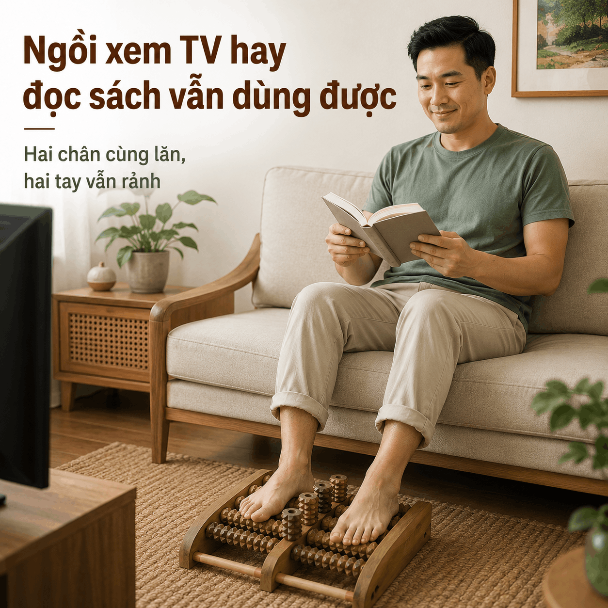 Bàn Massage Chân Gỗ Bách Xanh Dáng Cao - Lăn Hai Chân Khi Ngồi Nghỉ