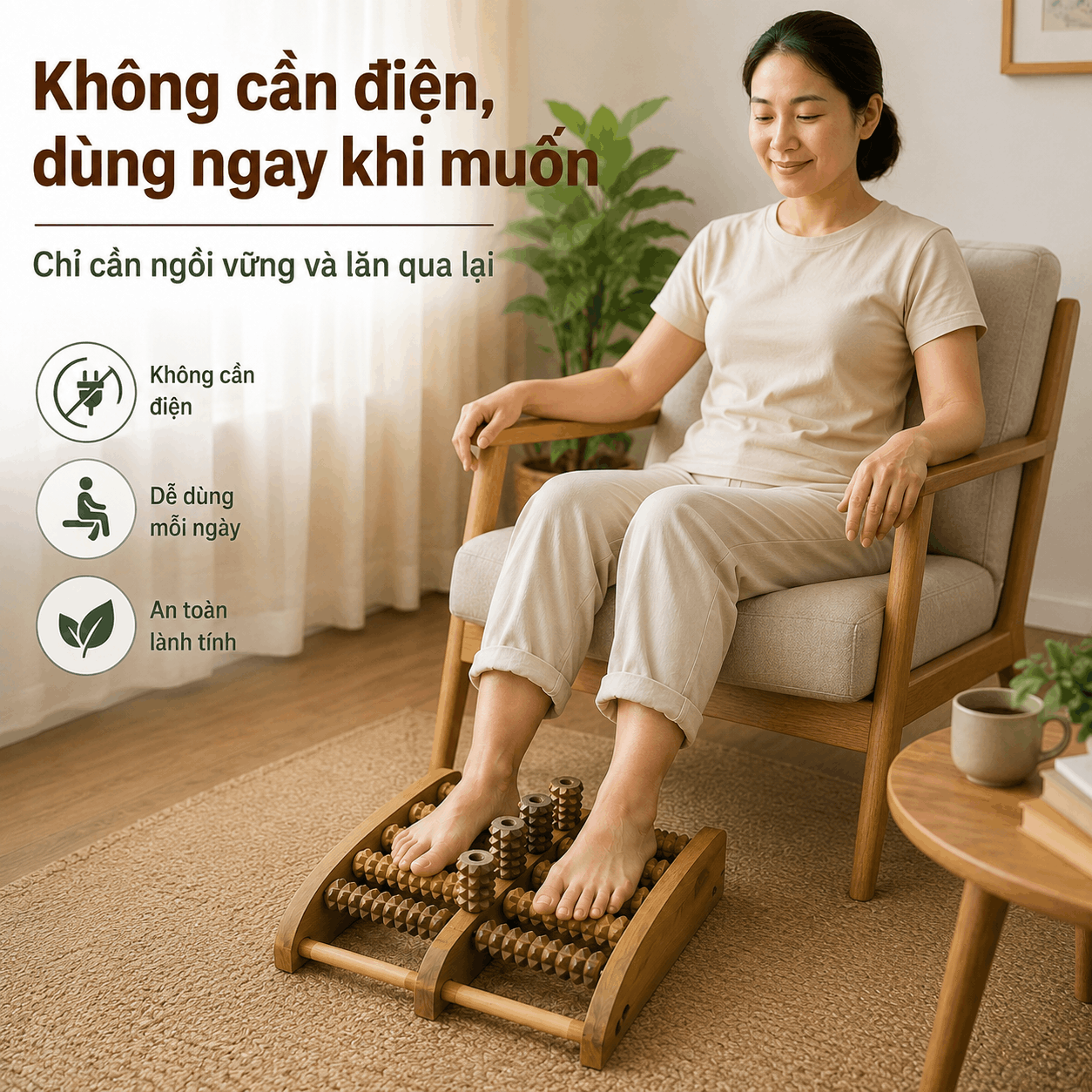 Bàn Massage Chân Gỗ Bách Xanh Dáng Cao - Lăn Hai Chân Khi Ngồi Nghỉ