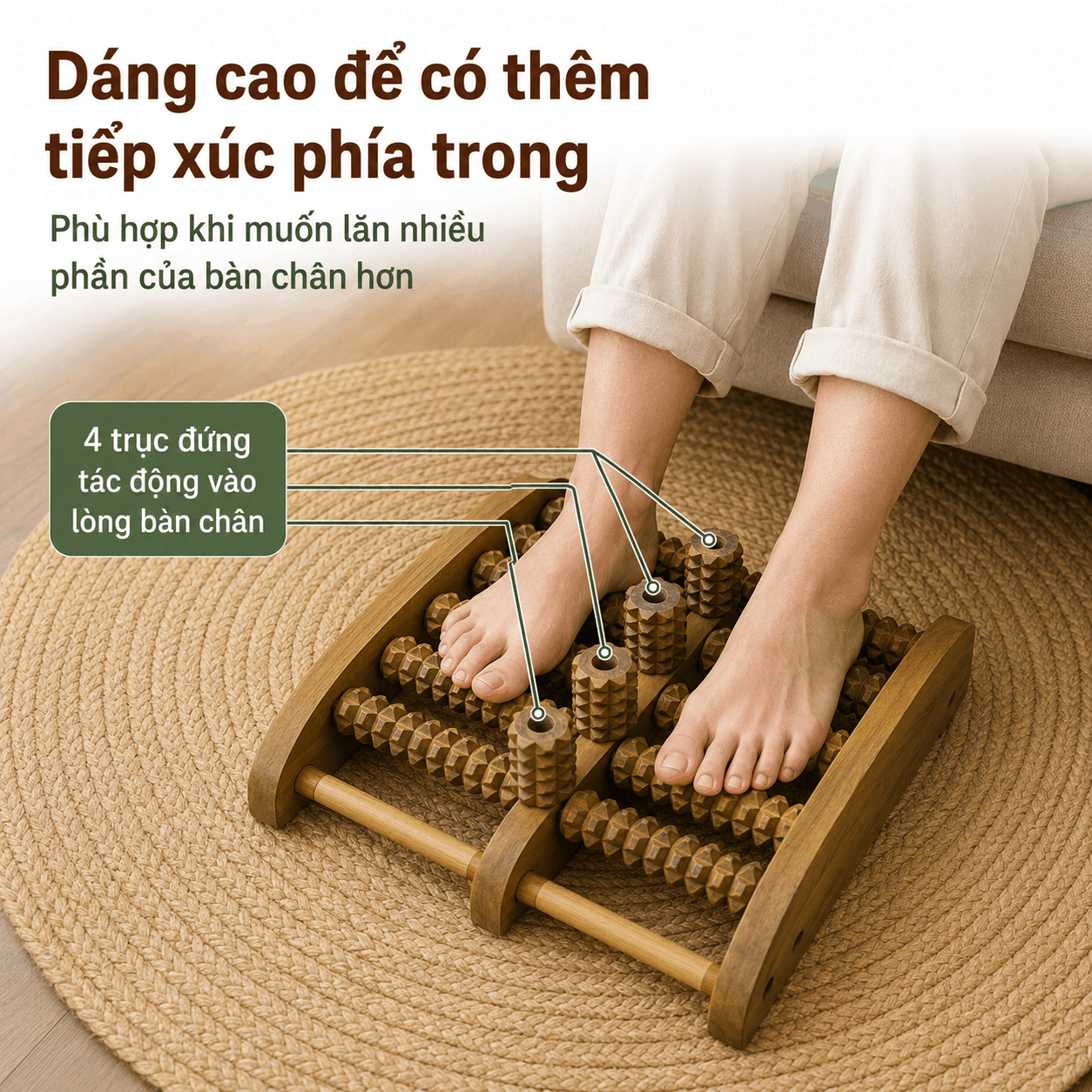 Bàn Massage Chân Gỗ Bách Xanh Dáng Cao - Lăn Hai Chân Khi Ngồi Nghỉ