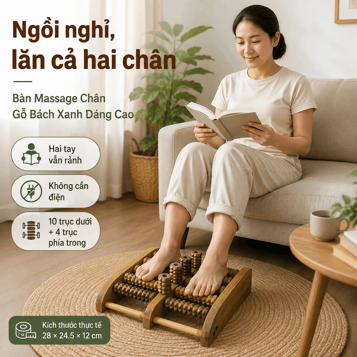 Bàn Massage Chân Gỗ Bách Xanh Dáng Cao - Lăn Hai Chân Khi Ngồi Nghỉ