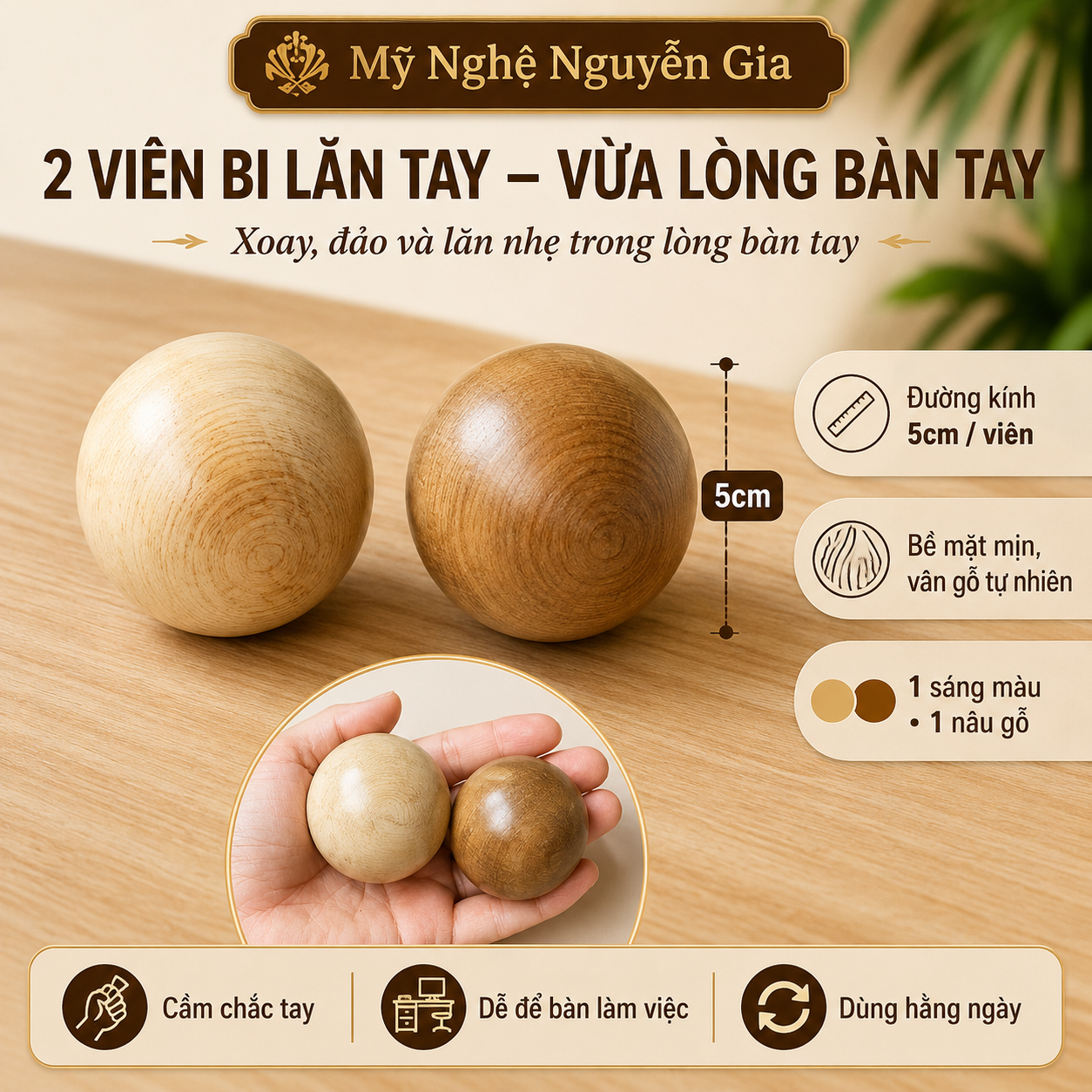 Combo 2 Bi Lăn Tay Gỗ Bách Xanh đường kính 5cm – Hỗ Trợ Tê Mỏi Tay