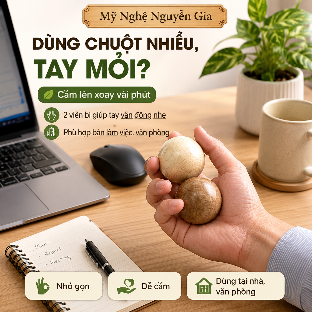 Combo 2 Bi Lăn Tay Gỗ Bách Xanh đường kính 5cm – Hỗ Trợ Tê Mỏi Tay