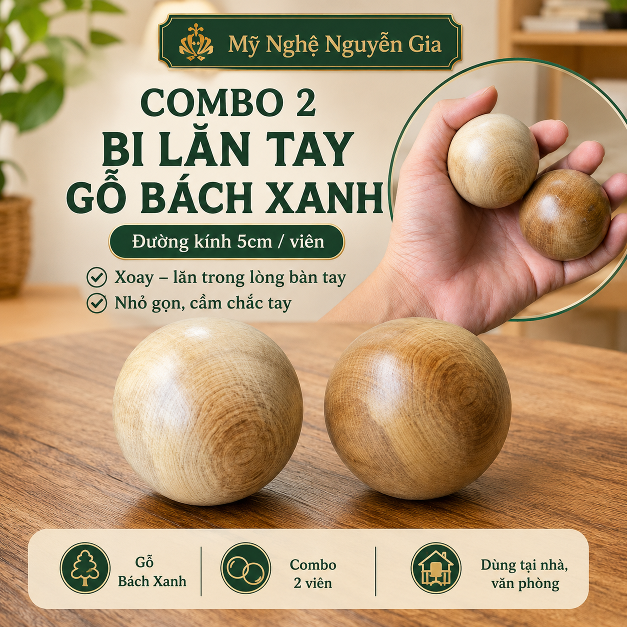 Combo 2 Bi Lăn Tay Gỗ Bách Xanh đường kính 5cm – Hỗ Trợ Tê Mỏi Tay