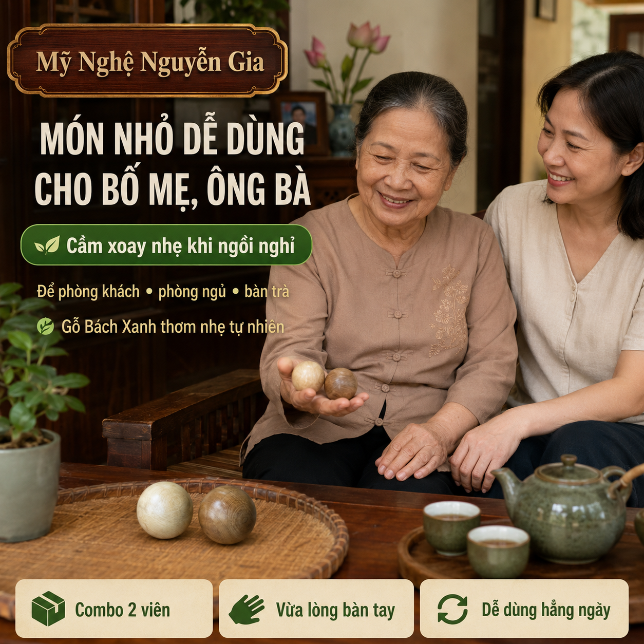 Combo 2 Bi Lăn Tay Gỗ Bách Xanh đường kính 5cm – Hỗ Trợ Tê Mỏi Tay