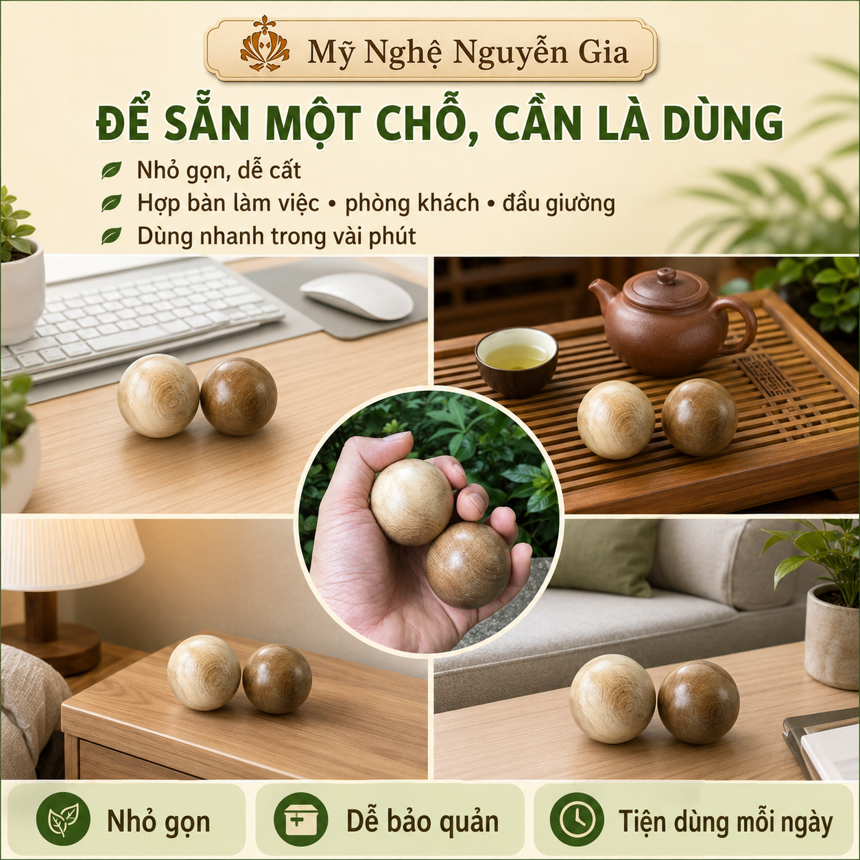 Combo 2 Bi Lăn Tay Gỗ Bách Xanh đường kính 5cm – Hỗ Trợ Tê Mỏi Tay