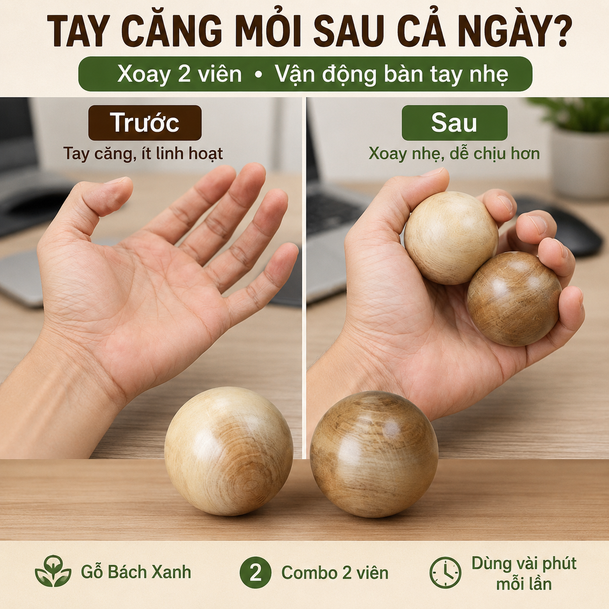 Combo 2 Bi Lăn Tay Gỗ Bách Xanh đường kính 5cm – Hỗ Trợ Tê Mỏi Tay