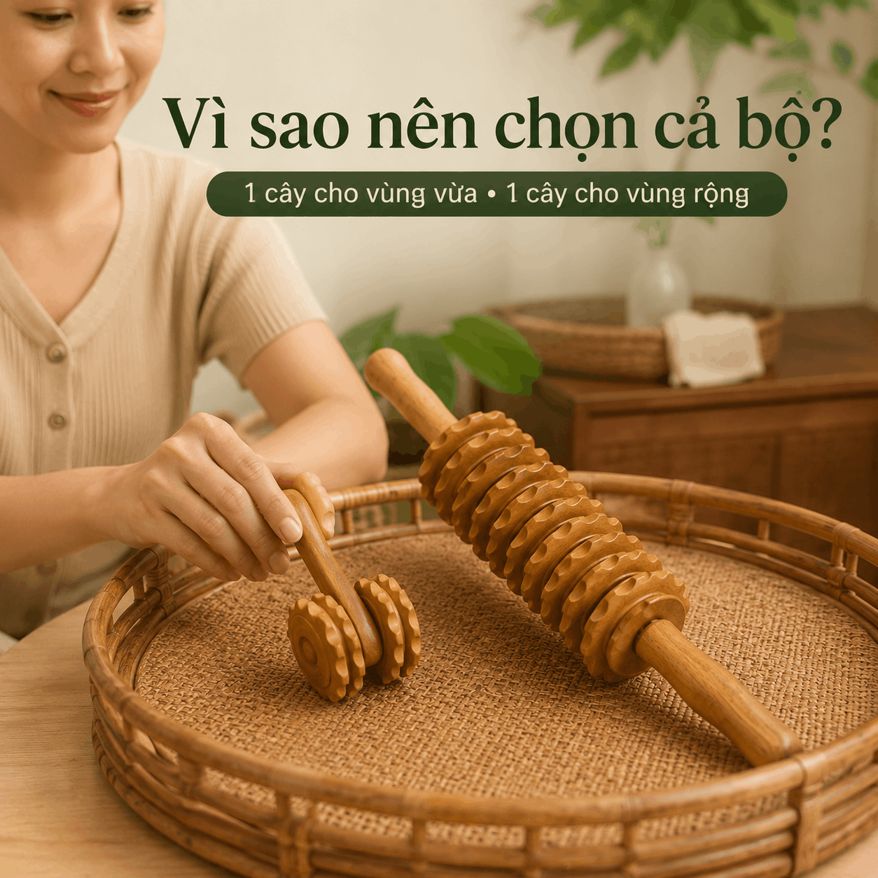 Bộ 2 Cây Lăn Massage Gỗ Bách Xanh – 2 Bánh Và 9 Bánh
