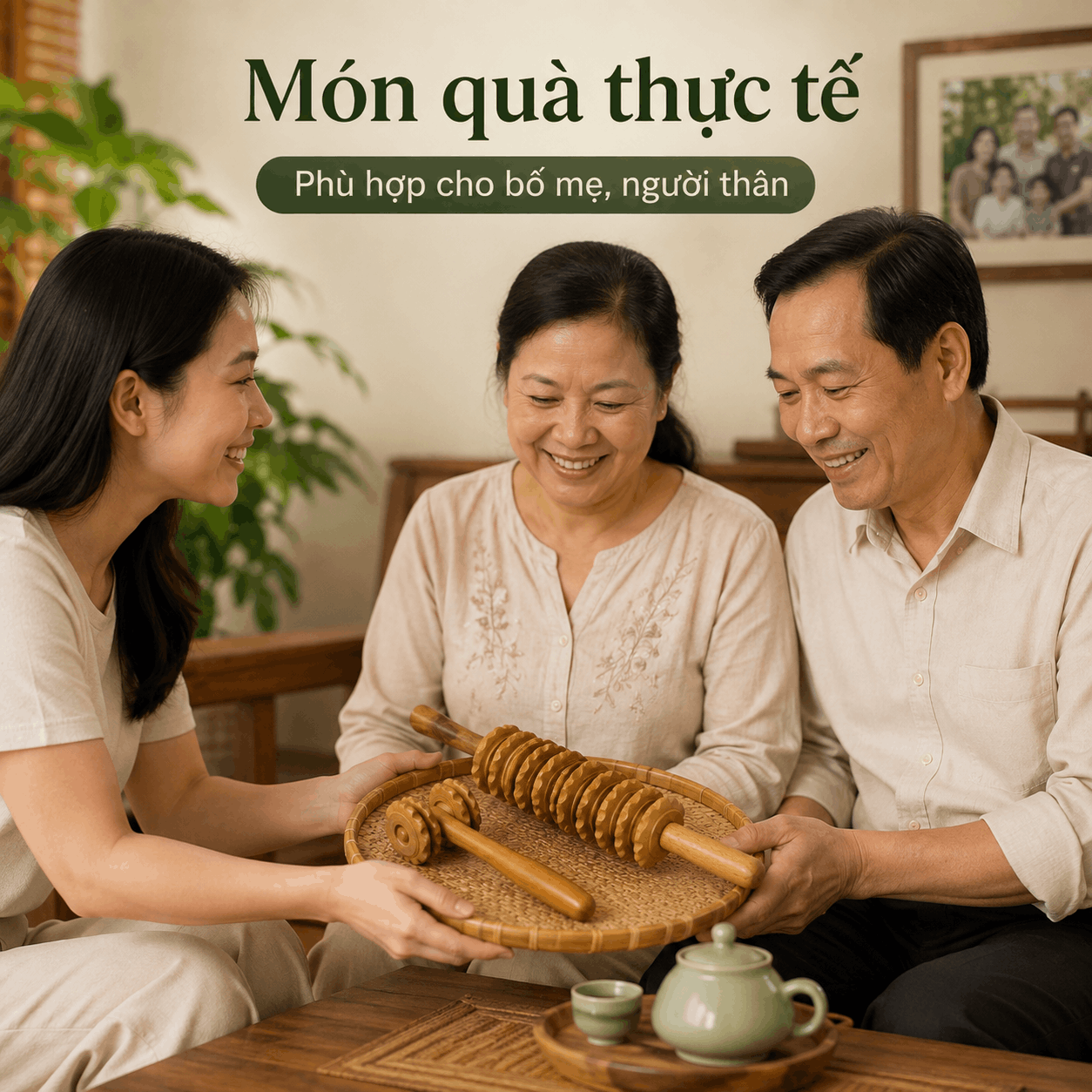 Bộ 2 Cây Lăn Massage Gỗ Bách Xanh – 2 Bánh Và 9 Bánh