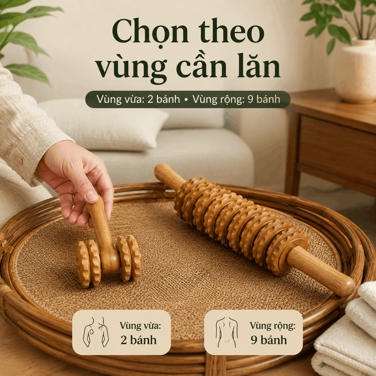 Bộ 2 Cây Lăn Massage Gỗ Bách Xanh – 2 Bánh Và 9 Bánh