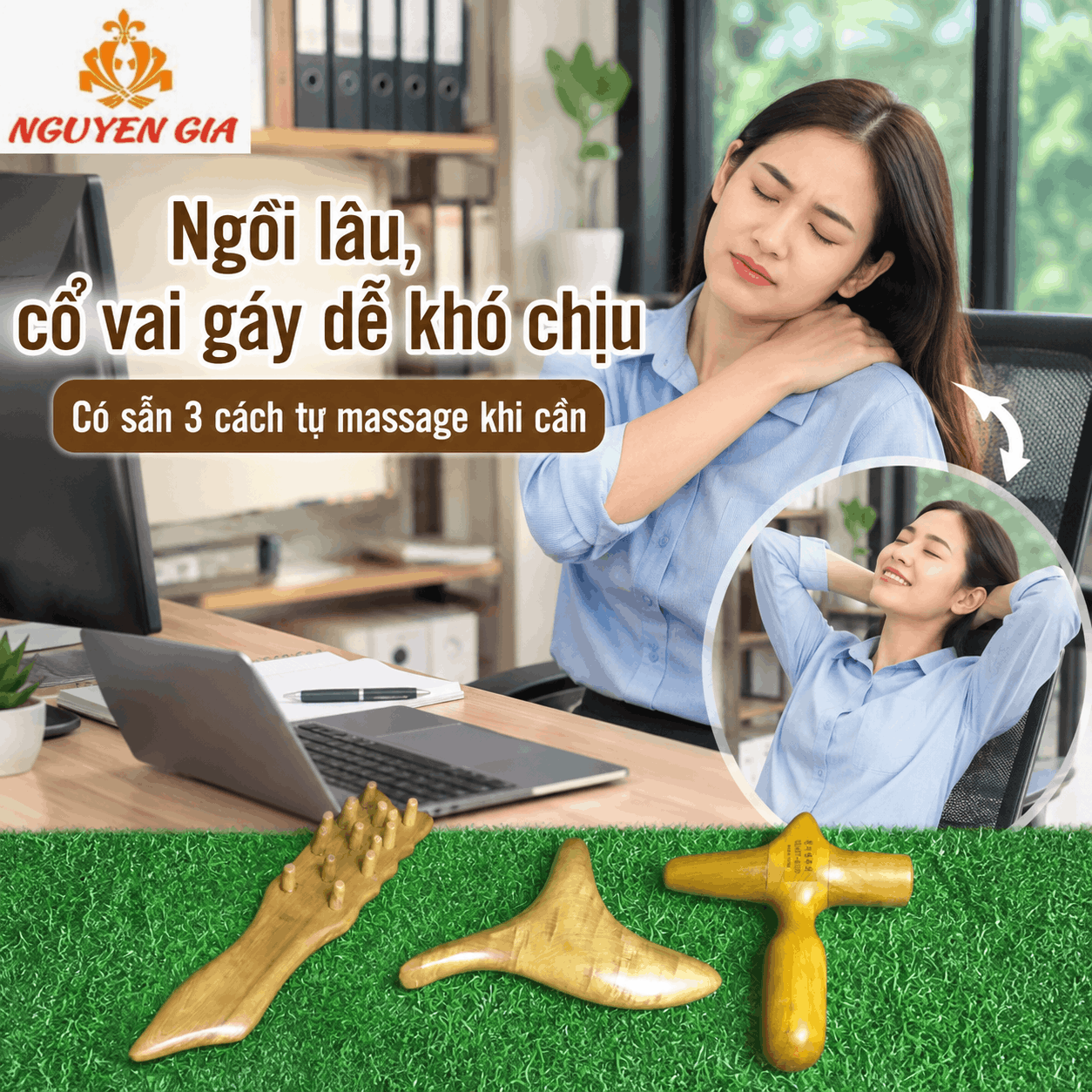 Bộ 3 Dụng Cụ Massage Cổ Vai Gáy Gỗ Bách Xanh - Gọn Cho Người Ngồi Làm Việc Lâu