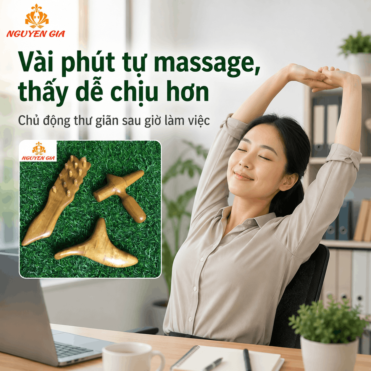 Bộ 3 Dụng Cụ Massage Cổ Vai Gáy Gỗ Bách Xanh - Gọn Cho Người Ngồi Làm Việc Lâu