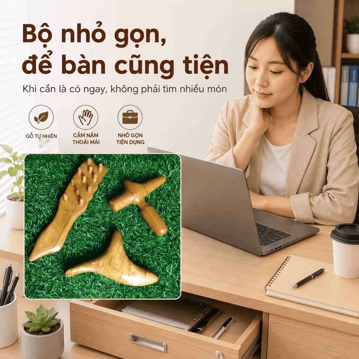 Bộ 3 Dụng Cụ Massage Cổ Vai Gáy Gỗ Bách Xanh - Gọn Cho Người Ngồi Làm Việc Lâu
