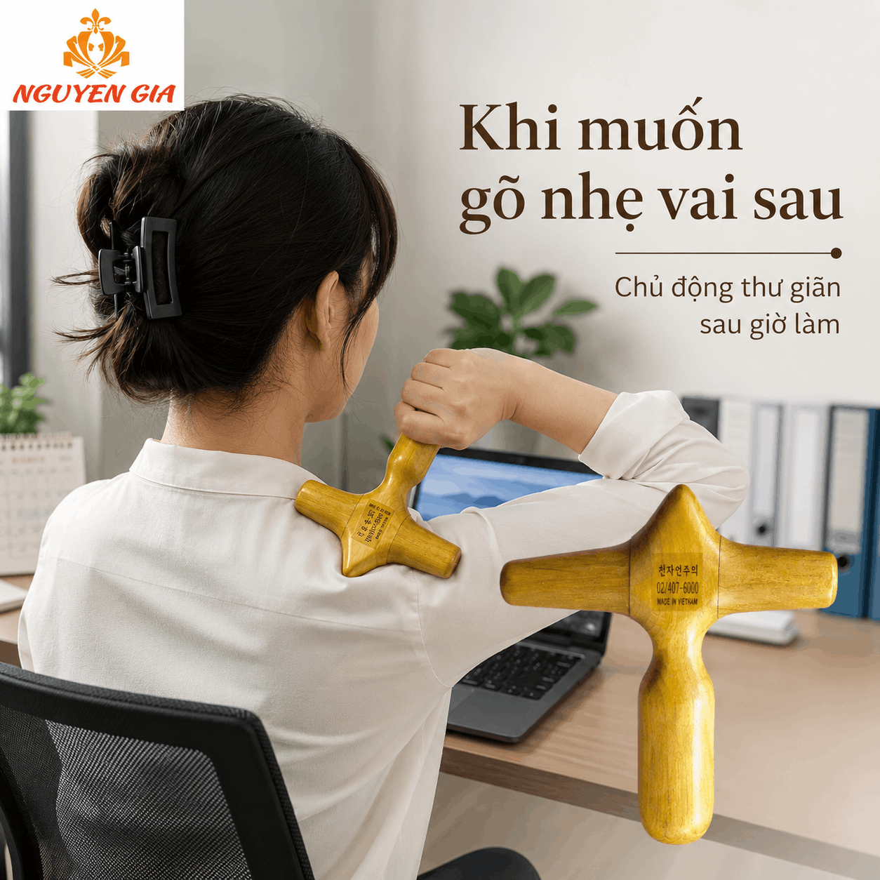 Bộ 3 Dụng Cụ Massage Cổ Vai Gáy Gỗ Bách Xanh - Gọn Cho Người Ngồi Làm Việc Lâu